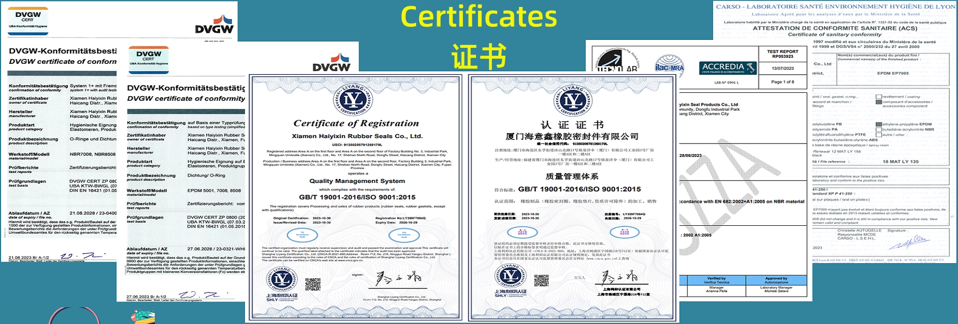 Drinking water approvals DVGW, KTW-BWGL, EN16421, WRAS, ACS, BELGAQUA rubber o-rings, gaskets